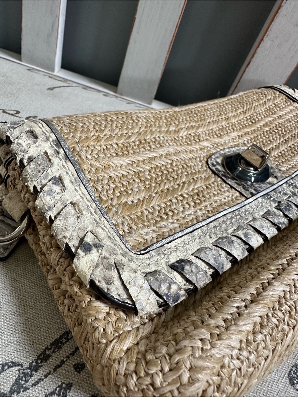 Coach Straw Clutch with Cream Leather Trim and Black Accents - Picture 2 of 6